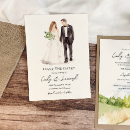 Small Bride & Groom Watercolor Wedding Save The Date Front View