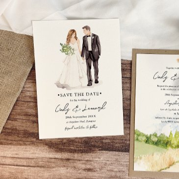 bride & groom watercolor wedding save the date