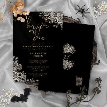 bride or die black gold gothic bachelorette party invitation