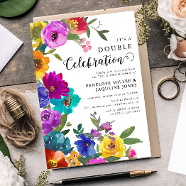 Small Bright & Bold Florals Double Celebration Birthday Invitation Front View