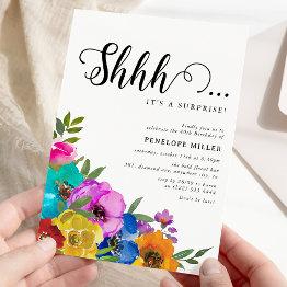 Small Bright & Bold Florals Shhh Surprise Birthday Invitation Front View