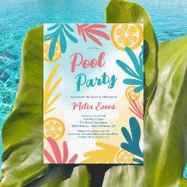 Small Bright Bold Tropical Beach Pool Party Sweet 16 Invitation Front View