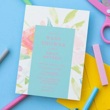 bright modern spring watercolor baby shower invitation