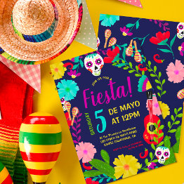 Small Bright Neon Floral Mexican 5 De Mayo Fiesta Party Invitation Front View