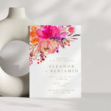 bright pink watercolor floral wedding white invitation