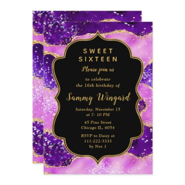 bright purple and gold sequins agate sweet sixteen invitation