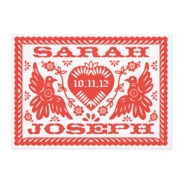 Small Bright Red Papel Picado Style Love Birds Invitation Front View
