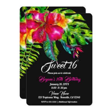 bright tropical floral hibiscus & leaves sweet 16 invitation