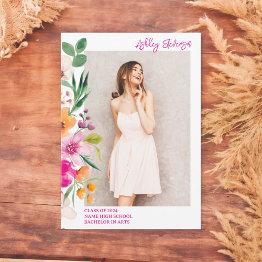 Small Bright Wild Flowers Script Photo Graduation Announcement Front View