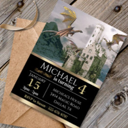 Small Bronze Dragon Medieval Castle Metallic Birthday Invitation Front View