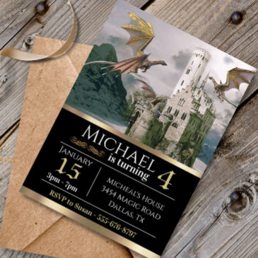 bronze dragon medieval castle metallic birthday invitation
