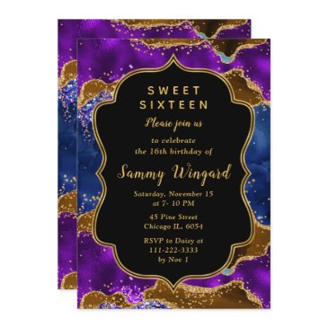 brown and blue peacock agate sweet sixteen invitation