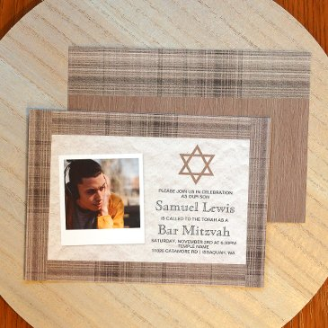 brown, beige plaid bar mitzvah photo invitation