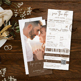 Small Brown Boarding Pass Destination Photo Wedding Invitation Front View