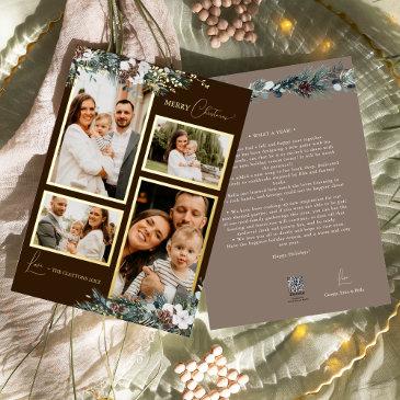 brown greenery vintage four photo collage foil holiday invitations