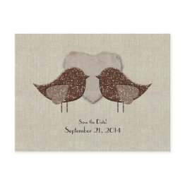 Small Brown Lovebirds Linen Look Save The Date Announcement Postinvitations Front View