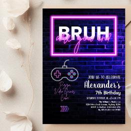 Small Bruh, You In? Neon Arcade Video Games Boy Birthday Invitation Front View