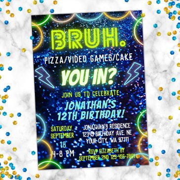 bruh you in? neon glow blue green boy birthday invitation