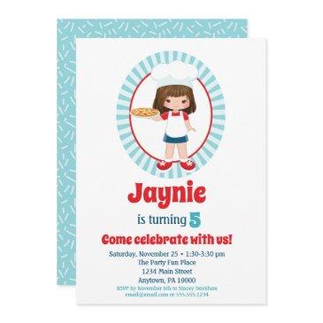 brunette pizza party girls birthday invitation