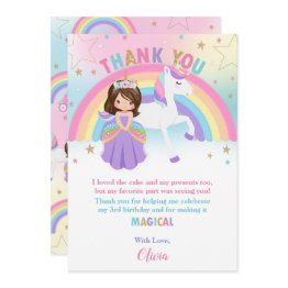 Small Brunette Princess And Rainbow Unicorn Birthday  Thank You Invitations Front View