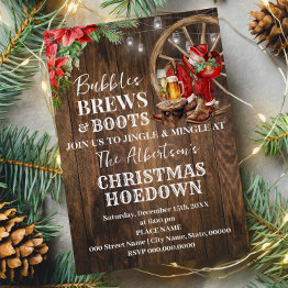 Small Bubbles Brews & Boots Western Christmas Hoewdown Invitation Front View