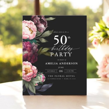 budget 50th birthday burgundy floral invitation