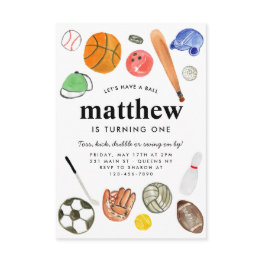 Small Budget All Star Sports Balls Team Kid Boy Birthday Note Invitations Front View