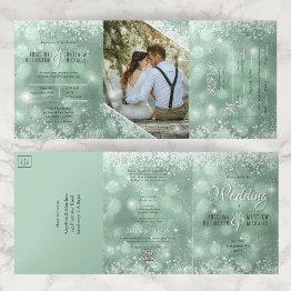 Small Budget Aqua Glitter Photo All In One Wedding Tri-fold Invitation Front View