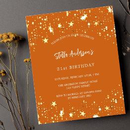 Small Budget Birthday Orange Gold Stars Invitation Front View
