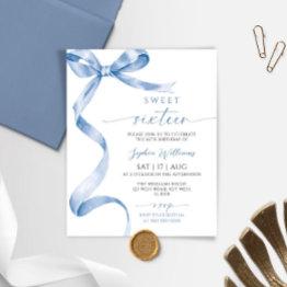 Small Budget Blue Bow Sweet 16 Birthday Invitation Front View