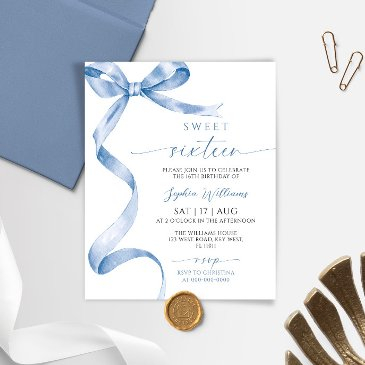 budget blue bow sweet 16 birthday invitation