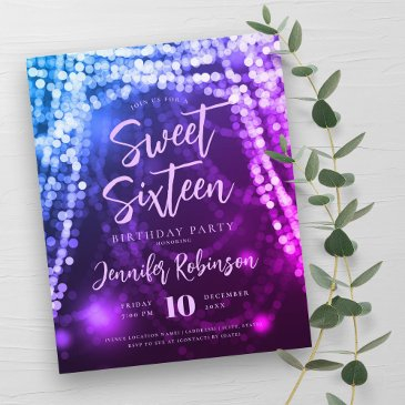 budget blue purple string lights sweet 16 invite flyer