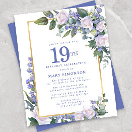 Small Budget Blue White Floral 19th Birthday Invitation Front View