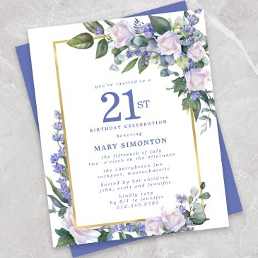 budget blue white floral 21st birthday invitation