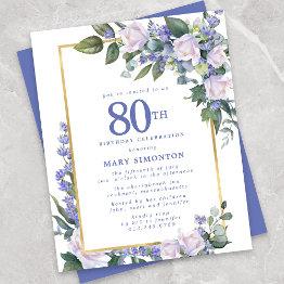 Small Budget Blue White Floral 80th Birthday Invitation Front View