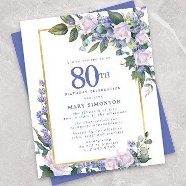 budget blue white floral 80th birthday invitation
