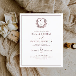 Small Budget Burgundy Elegant Crest Wedding Invitation Flyer Front View