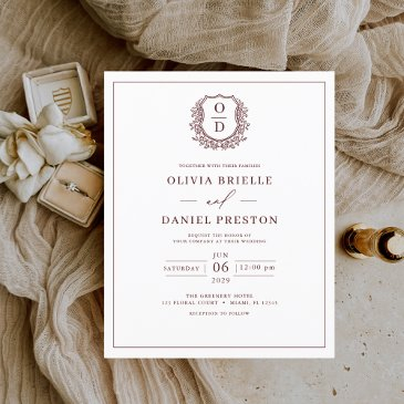 budget burgundy elegant crest wedding invitation flyer