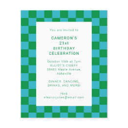Small Budget Checker Blue Green 21st Birthday Invitation Front View