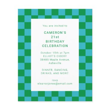 budget checker blue green 21st birthday invitation