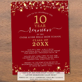 Small Budget Class Reunion Red Gold Stars Invitation Front View