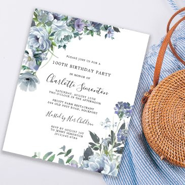 budget dusty blue floral 100th birthday invitation