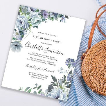 budget dusty blue floral 21st birthday invitation