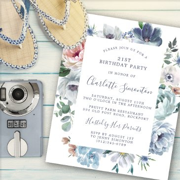 budget dusty blue floral 21st birthday invitation