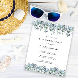 Small Budget Dusty Blue Floral 21st Birthday Invitation Front View
