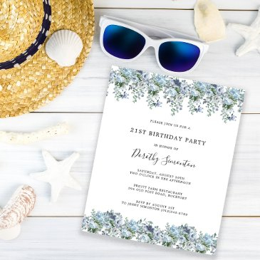 budget dusty blue floral 21st birthday invitation