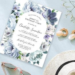 Small Budget Dusty Blue Floral Sweet 16 Invitation Front View