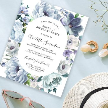 budget dusty blue floral sweet 16 invitation