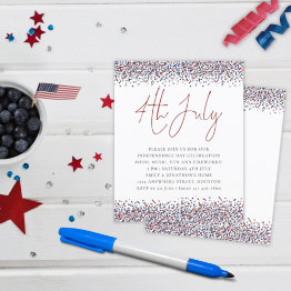 Small Budget Glitter Red Blue 4th July Party Invitation Front View