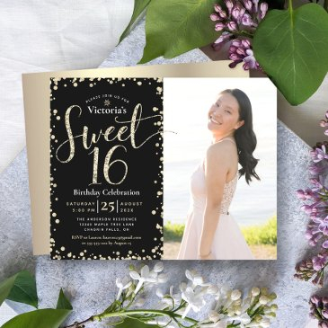 budget gold black glitter photo sweet 16 invite